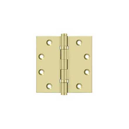 Deltana [DSB45B3-UNL] Solid Brass Door Butt Hinge - Ball Bearing - Button Tip - Square Corner - Polished Brass (Unlacquered) Finish - Pair - 4 1/2" H x 4 1/2" W