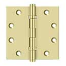Deltana [DSB45B3-UNL] Solid Brass Door Butt Hinge - Ball Bearing - Button Tip - Square Corner - Polished Brass (Unlacquered) Finish - Pair - 4 1/2" H x 4 1/2" W