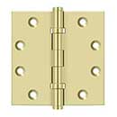 Deltana [DSB45B3-UNL] Solid Brass Door Butt Hinge - Ball Bearing - Button Tip - Square Corner - Polished Brass (Unlacquered) Finish - Pair - 4 1/2&quot; H x 4 1/2&quot; W