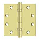 Deltana [DSB45B3] Solid Brass Door Butt Hinge - Ball Bearing - Button Tip - Square Corner - Polished Brass Finish - Pair - 4 1/2" H x 4 1/2" W