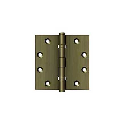 Deltana [DSB45B5] Solid Brass Door Butt Hinge - Ball Bearing - Button Tip - Square Corner - Antique Brass Finish - Pair - 4 1/2&quot; H x 4 1/2&quot; W