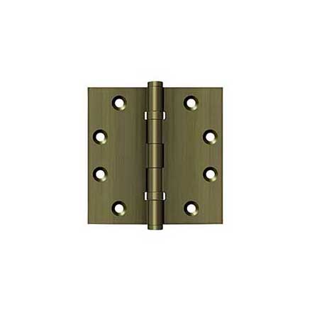 Deltana [DSB45B5] Solid Brass Door Butt Hinge - Ball Bearing - Button Tip - Square Corner - Antique Brass Finish - Pair - 4 1/2&quot; H x 4 1/2&quot; W