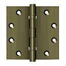 Deltana [DSB45B5] Solid Brass Door Butt Hinge - Ball Bearing - Button Tip - Square Corner - Antique Brass Finish - Pair - 4 1/2" H x 4 1/2" W