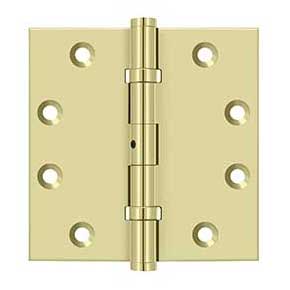Deltana [DSB45NB3-UNL] Solid Brass Door Butt Hinge - Ball Bearing - Non-Removable Pin - Button Tip - Square Corner - Polished Brass (Unlacquered) Finish - Pair - 4 1/2" H x 4 1/2" W
