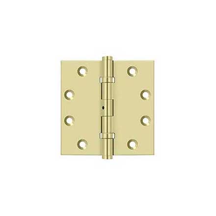 Deltana [DSB45NB3-UNL] Solid Brass Door Butt Hinge - Ball Bearing - Non-Removable Pin - Button Tip - Square Corner - Polished Brass (Unlacquered) Finish - Pair - 4 1/2&quot; H x 4 1/2&quot; W