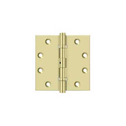 Deltana [DSB45NB3-UNL] Solid Brass Door Butt Hinge - Ball Bearing - Non-Removable Pin - Button Tip - Square Corner - Polished Brass (Unlacquered) Finish - Pair - 4 1/2&quot; H x 4 1/2&quot; W