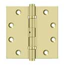 Deltana [DSB45NB3-UNL] Solid Brass Door Butt Hinge - Ball Bearing - Non-Removable Pin - Button Tip - Square Corner - Polished Brass (Unlacquered) Finish - Pair - 4 1/2" H x 4 1/2" W