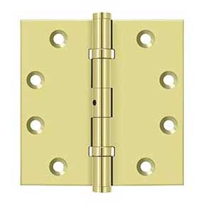Deltana [DSB45NB3] Solid Brass Door Butt Hinge - Ball Bearing - Non-Removable Pin - Button Tip - Square Corner - Polished Brass Finish - Pair - 4 1/2" H x 4 1/2" W