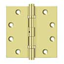 Deltana [DSB45NB3] Solid Brass Door Butt Hinge - Ball Bearing - Non-Removable Pin - Button Tip - Square Corner - Polished Brass Finish - Pair - 4 1/2" H x 4 1/2" W