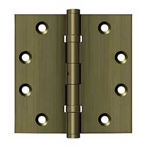 Deltana [DSB45NB5] Solid Brass Door Butt Hinge - Ball Bearing - Non-Removable Pin - Button Tip - Square Corner - Antique Brass Finish - Pair - 4 1/2" H x 4 1/2" W
