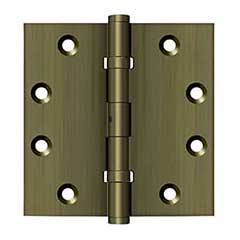 Deltana [DSB45NB5] Solid Brass Door Butt Hinge - Ball Bearing - Non-Removable Pin - Button Tip - Square Corner - Antique Brass Finish - Pair - 4 1/2&quot; H x 4 1/2&quot; W