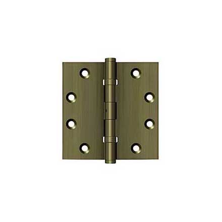 Deltana [DSB45NB5] Solid Brass Door Butt Hinge - Ball Bearing - Non-Removable Pin - Button Tip - Square Corner - Antique Brass Finish - Pair - 4 1/2" H x 4 1/2" W