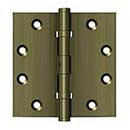 Deltana [DSB45NB5] Solid Brass Door Butt Hinge - Ball Bearing - Non-Removable Pin - Button Tip - Square Corner - Antique Brass Finish - Pair - 4 1/2" H x 4 1/2" W