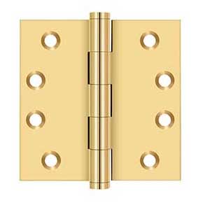 Deltana [CSB44] Solid Brass Door Butt Hinge - Button Tip - Square Corner - Polished Brass (PVD) Finish - Pair - 4" H x 4" W