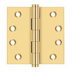 Deltana [CSB44] Solid Brass Door Butt Hinge - Button Tip - Square Corner - Polished Brass (PVD) Finish - Pair - 4" H x 4" W