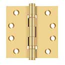 Deltana [CSB44BB] Solid Brass Door Butt Hinge - Ball Bearing - Button Tip - Square Corner - Polished Brass (PVD) Finish - Pair - 4&quot; H x 4&quot; W