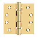 Deltana [CSB44BB] Solid Brass Door Butt Hinge - Ball Bearing - Button Tip - Square Corner - Polished Brass (PVD) Finish - Pair - 4" H x 4" W