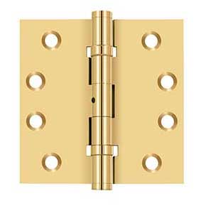 Deltana [CSB44BN] Solid Brass Door Butt Hinge - Ball Bearing - Non-Removable Pin - Button Tip - Square Corner - Polished Brass (PVD) Finish - Pair - 4" H x 4" W