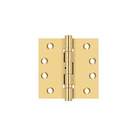 Deltana [CSB44BN] Solid Brass Door Butt Hinge - Ball Bearing - Non-Removable Pin - Button Tip - Square Corner - Polished Brass (PVD) Finish - Pair - 4&quot; H x 4&quot; W