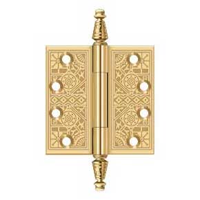 Deltana [CSBP44] Solid Brass Door Butt Hinge - Ornate - Square Corner - Polished Brass (PVD) Finish - Pair - 4" H x 4" W