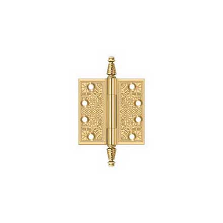 Deltana [CSBP44] Solid Brass Door Butt Hinge - Ornate - Square Corner - Polished Brass (PVD) Finish - Pair - 4" H x 4" W