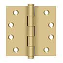 Deltana [DSB44] Solid Brass Door Butt Hinge - Button Tip - Square Corner - Brushed Brass Finish - Pair - 4" H x 4" W