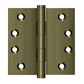 Deltana [DSB45] Solid Brass Door Butt Hinge - Button Tip - Square Corner - Antique Brass Finish - Pair - 4" H x 4" W