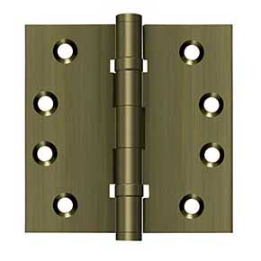 Deltana [DSB4B5] Solid Brass Door Butt Hinge - Ball Bearing - Button Tip - Square Corner - Antique Brass Finish - Pair - 4" H x 4" W