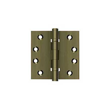 Deltana [DSB4B5] Solid Brass Door Butt Hinge - Ball Bearing - Button Tip - Square Corner - Antique Brass Finish - Pair - 4&quot; H x 4&quot; W