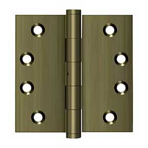 Deltana [DSB4N5] Solid Brass Door Butt Hinge - Non-Removable Pin - Button Tip - Square Corner - Antique Brass Finish - Pair - 4" H x 4" W