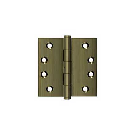 Deltana [DSB4N5] Solid Brass Door Butt Hinge - Non-Removable Pin - Button Tip - Square Corner - Antique Brass Finish - Pair - 4&quot; H x 4&quot; W