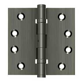 Deltana [DSB4NB15A] Solid Brass Door Butt Hinge - Ball Bearing - Non-Removable Pin - Button Tip - Square Corner - Antique Nickel Finish - Pair - 4" H x 4" W