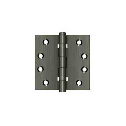 Deltana [DSB4NB15A] Solid Brass Door Butt Hinge - Ball Bearing - Non-Removable Pin - Button Tip - Square Corner - Antique Nickel Finish - Pair - 4&quot; H x 4&quot; W