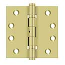 Deltana [DSB4NB3] Solid Brass Door Butt Hinge - Ball Bearing - Non-Removable Pin - Button Tip - Square Corner - Polished Brass Finish - Pair - 4" H x 4" W