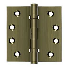 Deltana [DSB4NB5] Solid Brass Door Butt Hinge - Ball Bearing - Non-Removable Pin - Button Tip - Square Corner - Antique Brass Finish - Pair - 4" H x 4" W