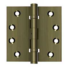 Deltana [DSB4NB5] Solid Brass Door Butt Hinge - Ball Bearing - Non-Removable Pin - Button Tip - Square Corner - Antique Brass Finish - Pair - 4&quot; H x 4&quot; W