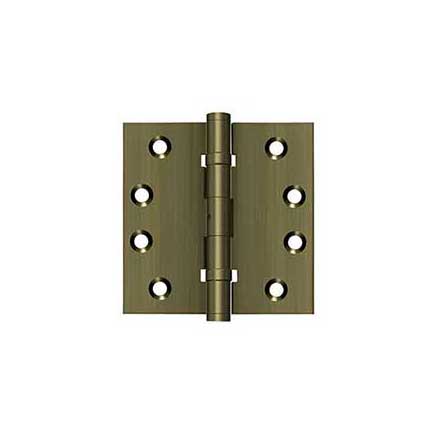 Deltana [DSB4NB5] Solid Brass Door Butt Hinge - Ball Bearing - Non-Removable Pin - Button Tip - Square Corner - Antique Brass Finish - Pair - 4&quot; H x 4&quot; W