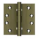 Deltana [DSB4NB5] Solid Brass Door Butt Hinge - Ball Bearing - Non-Removable Pin - Button Tip - Square Corner - Antique Brass Finish - Pair - 4" H x 4" W