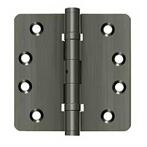 Deltana [DSB4R4NB15A] Solid Brass Door Butt Hinge - Ball Bearing - Non-Removable Pin - Button Tip - 1/4" Radius Corner - Antique Nickel Finish - Pair - 4" H x 4" W