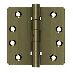 Deltana [DSB4R4NB5] Solid Brass Door Butt Hinge - Ball Bearing - Non-Removable Pin - Button Tip - 1/4" Radius Corner - Antique Brass Finish - Pair - 4" H x 4" W
