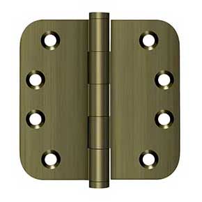 Deltana [DSB4R55] Solid Brass Door Butt Hinge - Button Tip - 5/8" Radius Corner - Antique Brass Finish - Pair - 4" H x 4" W