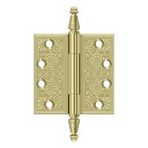 Deltana [DSBP44U3-UNL] Solid Brass Door Butt Hinge - Ornate - Square Corner - Polished Brass (Unlacquered) Finish - Pair - 4" H x 4" W