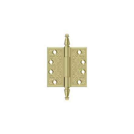Deltana [DSBP44U3-UNL] Solid Brass Door Butt Hinge - Ornate - Square Corner - Polished Brass (Unlacquered) Finish - Pair - 4" H x 4" W