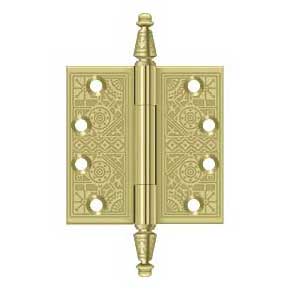 Deltana [DSBP44U3] Solid Brass Door Butt Hinge - Ornate - Square Corner - Polished Brass Finish - Pair - 4" H x 4" W