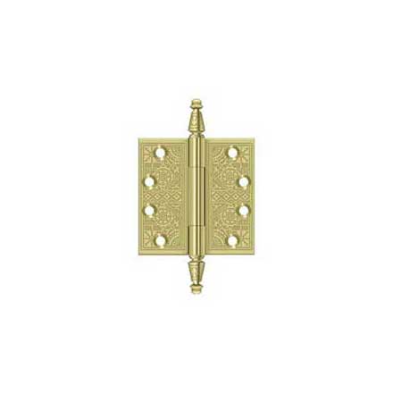 Deltana [DSBP44U3] Solid Brass Door Butt Hinge - Ornate - Square Corner - Polished Brass Finish - Pair - 4&quot; H x 4&quot; W