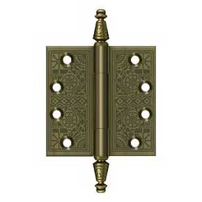 Deltana [DSBP44U5] Solid Brass Door Butt Hinge - Ornate - Square Corner - Antique Brass Finish - Pair - 4" H x 4" W
