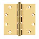 Deltana [CSB55BB] Solid Brass Door Butt Hinge - Ball Bearing - Button Tip - Square Corner - Polished Brass (PVD) Finish - Pair - 5" H x 5" W