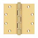 Deltana [CSB55BB] Solid Brass Door Butt Hinge - Ball Bearing - Button Tip - Square Corner - Polished Brass (PVD) Finish - Pair - 5&quot; H x 5&quot; W