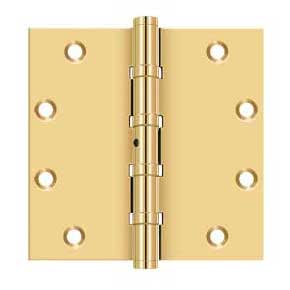 Deltana [CSB55BN] Solid Brass Door Butt Hinge - Ball Bearing - Non-Removable Pin - Button Tip - Square Corner - Polished Brass (PVD) Finish - Pair - 5" H x 5" W