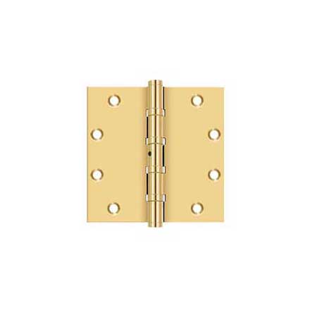 Deltana [CSB55BN] Solid Brass Door Butt Hinge - Ball Bearing - Non-Removable Pin - Button Tip - Square Corner - Polished Brass (PVD) Finish - Pair - 5&quot; H x 5&quot; W